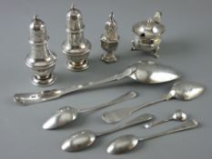 A PAIR OF SILVER PEPPER POTS, 1.9 troy ozs, Chester 1918, a silver cauldron salt with spoon and