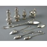 A PAIR OF SILVER PEPPER POTS, 1.9 troy ozs, Chester 1918, a silver cauldron salt with spoon and