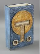 A TROIKA POTTERY VASE by Alison Brigden, textured blue ground with incised and relief abstract