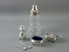A THREE PIECE ELECTROPLATED CONDIMENT SET and a glass sugar shaker with a domed electroplated top