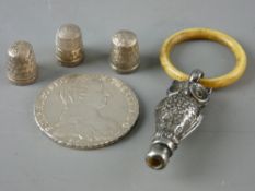 A GROUP OF SMALL SILVER including a double sided silver owl with teething ring, Birmingham 1906,