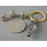 A GROUP OF SMALL SILVER including a double sided silver owl with teething ring, Birmingham 1906,