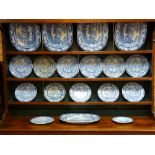 A SET OF BLUE & WHITE WILD ROSE PATTERNED PLATTERS & PLATES as displayed on Lot 26 - five oblong