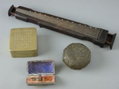 THREE CHINESE BOXES, various composition and a cased seal stamp with character markings including