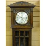 A 20th CENTURY OAK CHIMING LONGCASE CLOCK, the silvered dial set with Arabic numerals, the long