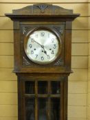A 20th CENTURY OAK CHIMING LONGCASE CLOCK, the silvered dial set with Arabic numerals, the long
