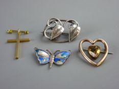 A NINE CARAT GOLD PLAIN CRUCIFIX, 1.9 grms, a heart shaped believed gold brooch with pendant