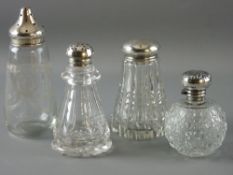 A HOBNAIL CUT GLASS SCENT BOTTLE WITH HINGED SILVER LID & COLLAR and three attractive glass