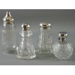 A HOBNAIL CUT GLASS SCENT BOTTLE WITH HINGED SILVER LID & COLLAR and three attractive glass