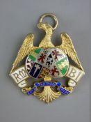 CORRECTION GILT SILVER & COLOURED ENAMEL EAGLE PENDANT by G Kenning & Son, 18 grms gross, dated for