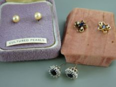 A PARCEL OF THREE PAIRS OF EARRINGS - single cultured pearls, diamond and sapphire and tiny