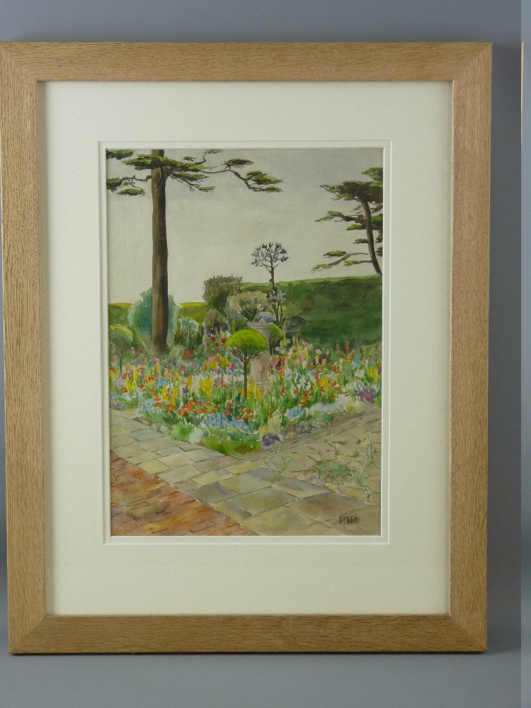 MERYL WATTS watercolour - garden scene at Plas Brondanw, signed, 35 x 24 cms