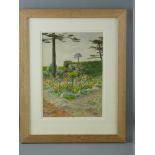 MERYL WATTS watercolour - garden scene at Plas Brondanw, signed, 35 x 24 cms