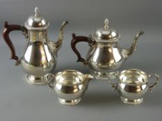 FOUR PIECE SILVER TEA & COFFEE SERVICE, each piece of plain globular form with gadrooned banding, 52