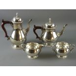 FOUR PIECE SILVER TEA & COFFEE SERVICE, each piece of plain globular form with gadrooned banding, 52