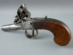 AN EARLY 19th CENTURY FLINTLOCK POCKET PISTOL with walnut slab grip, thumb slide safety lock and