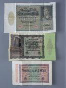 THREE GERMAN BANK NOTES for ten thousand marks (1922), fifty thousand marks (1922) and twenty