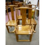 A SET OF FOUR (THREE PLUS ONE) LIGHT COLOUR HARDWOOD CHINESE CHAIRS, dragon motif to the central