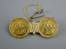 TWO GEORGE III GOLD SOVEREIGNS, 1817 and 1820 conjoined to form a brooch with pin and safety