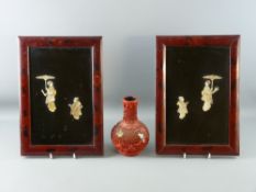 A PAIR OF RECTANGULAR SHIBAYAMA TYPE PANELS and a carved cinnabar bottle vase, the panels with red