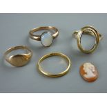 AN UNMARKED GOLD DRESS RING with small oval opal, 2.9 grms, a nine carat gold dress ring with oval