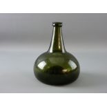 AN 18th CENTURY GREEN GLASS ONION SHAPED WINE BOTTLE having a string ring collar and deep snapped