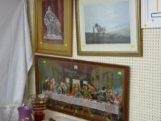 Framed woolwork study showing The Last Supper, a watercolour study of a classical carved statue