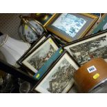 Box of mixed contents including table lamp, mantel clock, prints etc