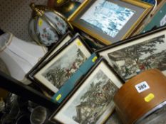 Box of mixed contents including table lamp, mantel clock, prints etc