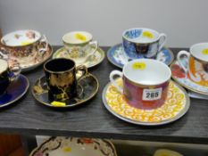 Early Crown Derby cup and saucer, three other cups and saucers and three Bradford Edition cups and