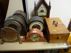 Parcel of six dome topped and other clocks and a small concertina haberdashery box