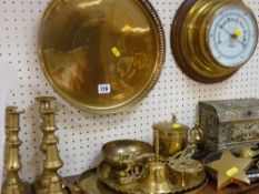 Brass encased wall barometer by John Barker, brass tray and other brassware including horse gear and