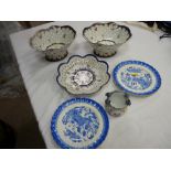 Two small Spode Willow plates, a Continental floral dish with basket border and two oval Continental