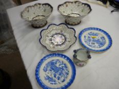 Two small Spode Willow plates, a Continental floral dish with basket border and two oval Continental