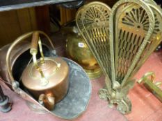 Copper coal scuttle and kettle, brass coal scuttle and a peacock type fan firescreen