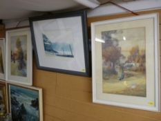 H ENGLISH framed watercolour studies, a pair - shepherdess and flock crossing a bridge and two women