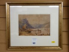 JOHN VARLEY OWS 1778-1842 gilt framed watercolour study - mountainous harbour scene, signed lower