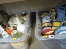 Two tubs of mixed china and pottery including Masons, Menai Bridge plate etc