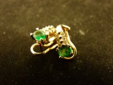 Pair of fourteen carat gold diamond and emerald earrings, 3.8 grms total