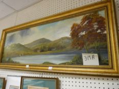 JEAN RENNIE? gilt framed oil on board - hilly landscape study with lake and boats to the foreground,