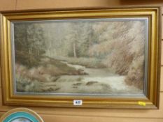 Framed silkwork study of a river through a pine forest