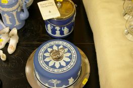 Wedgwood Jasperware cheese cover with plated handle and base and a similarly styled biscuit barrel
