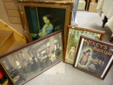 Two framed reproduction advertising prints and two further prints after Old Masters