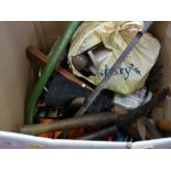 Large quantity of garden and garage tools in several boxes and a metal tin