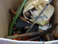 Large quantity of garden and garage tools in several boxes and a metal tin