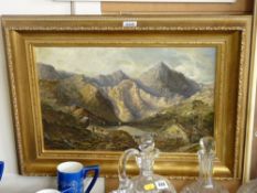 R HUDSON JNR gilt framed oil on canvas - mountainous study with lake and farmstead with people and