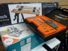 B & Q folding workbench, a Wolfcraft drill stand and a cased Burgess hobbyist kit for engraving