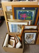 Quantity of framed pictures and prints, modern light wood framed wall mirror and a reproduction wall