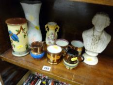 Three coppers lustre mugs and two jugs and other items of pottery