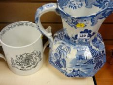 Large blue Willow Masons Ironstone octagonal jug, 28 cms high and a large twin handled white pottery
